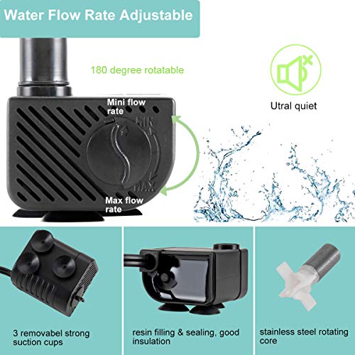 hygger Ultra Quiet 53GPH (200L/H, 3W) Submersible Mini Water Pump Comes with 2 Nozzles, for Aquariums, Fish Tank, Fountain, Hydroponics, Max Lift Height 1.7ft ,120V/60HZ, Power Cord 6ft