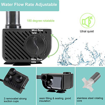 hygger Ultra Quiet 53GPH (200L/H, 3W) Submersible Mini Water Pump Comes with 2 Nozzles, for Aquariums, Fish Tank, Fountain, Hydroponics, Max Lift Height 1.7ft ,120V/60HZ, Power Cord 6ft