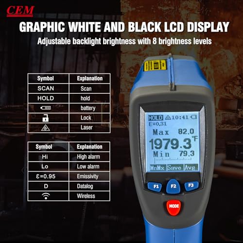 CEM DS 50:1 Infrared Thermometer Temperature Gun,-58°F to 2192F°Adjustable Emissivity IR Temp Gun,Dual Laser HVAC Cooking Pyrometer,0.15S Response Thermal Heat Leak Detector with K-Type Probe&USB
