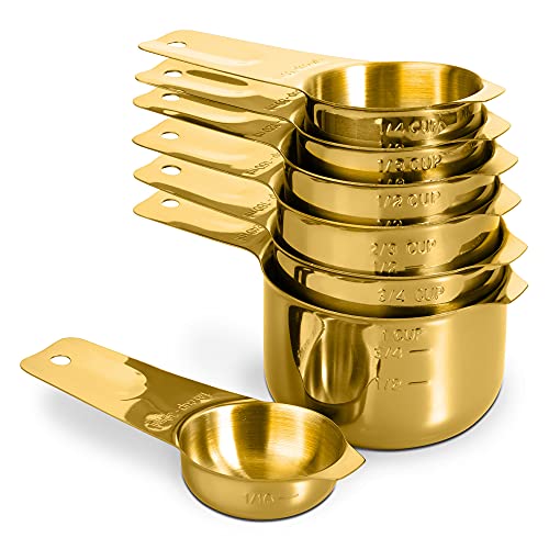 7-Piece 18/8 Stainless Steel Measuring Cups Set, Gold | Includes 1/16, 1/4, 1/3, 1/2, 2/3, 3/4 and 1 Cup, Engraved US and Metric Markings, Pour Spouts and Ring Connector - color: Gold, size: 7 Piece