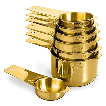 7-Piece 18/8 Stainless Steel Measuring Cups Set, Gold | Includes 1/16, 1/4, 1/3, 1/2, 2/3, 3/4 and 1 Cup, Engraved US and Metric Markings, Pour Spouts and Ring Connector - color: Gold, size: 7 Piece