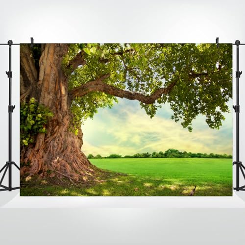5x3ft Huge Tree Backdrop Rural Field Scenery Photo Props | Spring Summer Natural Countryside Outdoor Fence Decor Picnic Background Wedding Art Portraits Photo, Polyester - size: 5x3ft