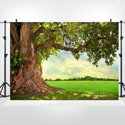 5x3ft Huge Tree Backdrop Rural Field Scenery Photo Props | Spring Summer Natural Countryside Outdoor Fence Decor Picnic Background Wedding Art Portraits Photo, Polyester - size: 5x3ft