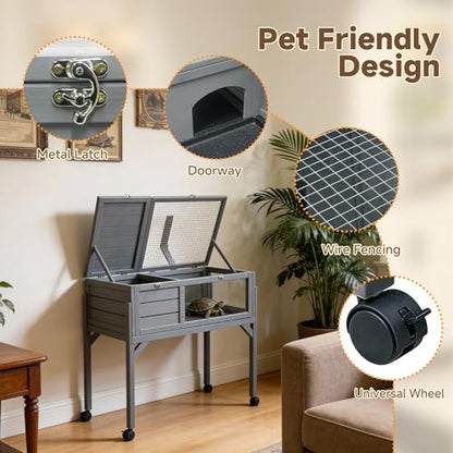 Large Tortoise Habitat Wooden Rolling Tortoise Cage House Reptile Terrarium Enclosure with Stand Leg Wheel Fixed Tray Openable Roof Lamp Holder for Gecko Lizard Snake Small Animal Cage Gray