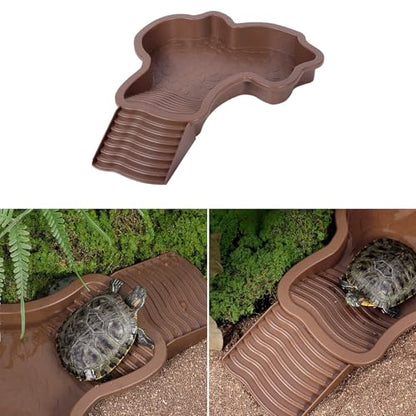 Spacious Reptiles Water Bowl with Ladder Steps Access Removable Component for Safe Turtles Soaking and Resting Slip Turtles Soaking Pool - color: Brown red