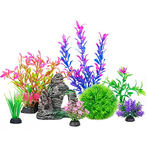 Ameliade Aquarium Artificial Plants & Rock Cave Betta Fish Tank Decor Set | Betta Goldfish Aquarium Accessories, Soft Plastic Plants & Rock Cave Decorations, Small and Large Fish Bowl Ornaments