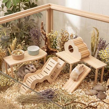 BreezeHug 4 Pcs Hamster Cage Accessories Hamster Platform Hideout Wooden Tunnel Ladder Playhouse Game Climbing Toy with Platform for Pets Dwarf Syrian Mice Degus Gerbils Squirrel(L-Shaped) - style: L-shaped