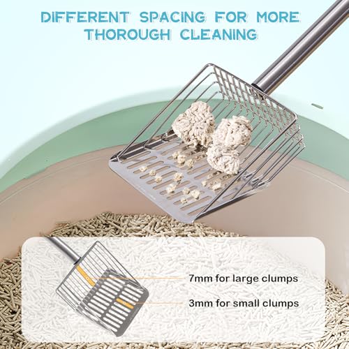 Metal Cat Litter Scoop with Holder Stainless Steel Kitten Poop Scooper, 17.5" Heavy Duty Pet Poop Sifter for Cat Box, Long Handle Large Waste Shovel, Fast Sifting Big Clumps, Solid & Durable