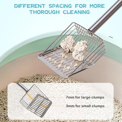 Metal Cat Litter Scoop with Holder Stainless Steel Kitten Poop Scooper, 17.5" Heavy Duty Pet Poop Sifter for Cat Box, Long Handle Large Waste Shovel, Fast Sifting Big Clumps, Solid & Durable