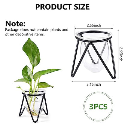 Jspupifip 3 Pcs Glass Plant Terrarium with Metal Stand | Air Plants Holders, Hydroponic Plant Vases, Desktop Bulb Glass Vase, Home Office Decor