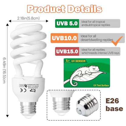 UVB Reptile Light Bulbs 10.0: 26W High Output UVB Light for Bearded Dragon, 2 Pack UVA UVB Light for Reptiles, Reptile UVB Bulb Compact Fluorescent Terrarium Lamp for Tortoises- UV Sensor Test Card - size: 6.5INCH-10.0