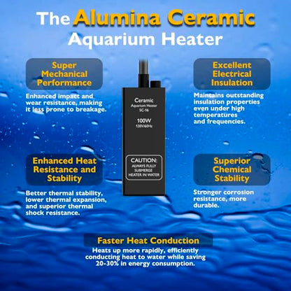 100W Small Aquarium Heater Betta Heater for 10-20 Gallon Freshwater & Saltwater Tanks, Alumina Ceramic Fish Tank Heater Turtle Heater with Dry-Run & Overheat Protection - size: For Tanks ≤ 20 Gal