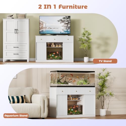 Garvee 55-75 Gallon Fish Tank Stand, Aquarium Stand with Power Outlet, Fish Tank Stand with Storage Cabinets, Drawers, LED Light, Sliding Barn Door Fish & Reptile Tanks Stand for 2 Tanks | Fish Tank Stand with Storage Cabinets, Drawers, LED Light, Sliding