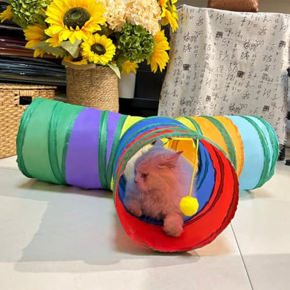 3-Way Collapsible Cat Tunnel Tube Toy Rainbow T-Shape | Interactive Play Tunnel with Hanging Ball & Peek Hole for Indoor Cats, Kittens, Puppies & Rabbits | Hours of Fun & Exercise - color: Rainbow T