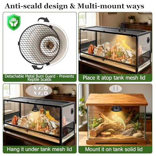 5-in-1 Reptile Heat Lamp Fixture Anti-Scald Guard 4.7" Hanging | Dome Light Fixture with Timer & 2 Pack 50W Halogen Warm Yellow Basking Light Bulb for Bearded Dragon, Gecko, Snake, Turtle