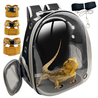 PINVNBY Bearded Dragon Carrier Backpack with Harness and Leash Set Large Reptile Travel Carrier Portable Lizard Backpack Clear Bubble Window Small Animal Carrying Bag for Gecko Kitten Rabbit (Black) - color: Black