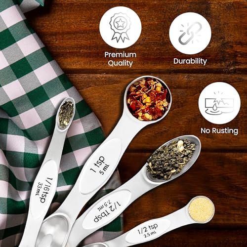 Magnetic Measuring Spoons Set of 9 Stainless Steel Dual-Sided Stackable Measuring Spoon Nesting Teaspoons Measuring Dry and Liquid Ingredients, Fits in Spice Jars Set of 9 (White) - color: White