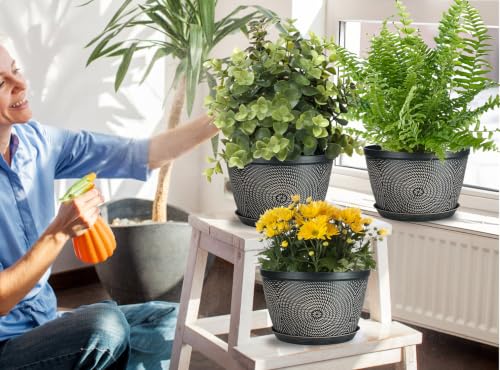 Quarut 10 Inch Flower Pots,3 Pack Planters for Outdoor Indoor | Plastic Plant Pots with Drainage Hole & Tray, Modern Decorative Garden Pot with Saucer, planters for House (Drak Bown) - color: Drak Bown, size: 10 Inch