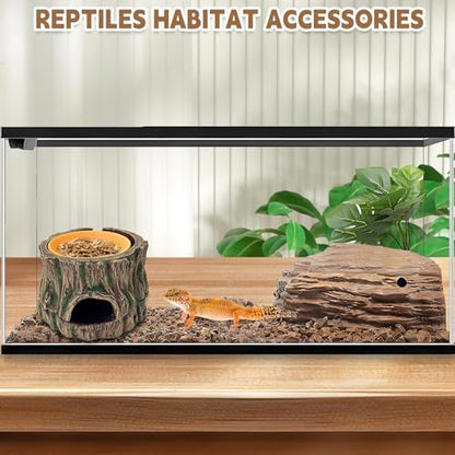 PINVNBY 3 in 1 Reptile Hide Cave with Removable Sump and Humidity Water Dish,Reptiles Hideout Water Tank Accessories for Small Reptiles Gecko,Leopard Gecko,Lizard,Snake,Crabs