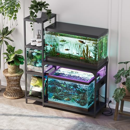 VOWNER 20-29 Gallon Fish Tank Stand with Power Outlet, Wood Aquarium Stand with Shelves for Fish Tank Accessories Storage, Heavy Duty Metal Frame, Turtle Reptile Terrarium Stand, Load 500lb, Black - color: Black
