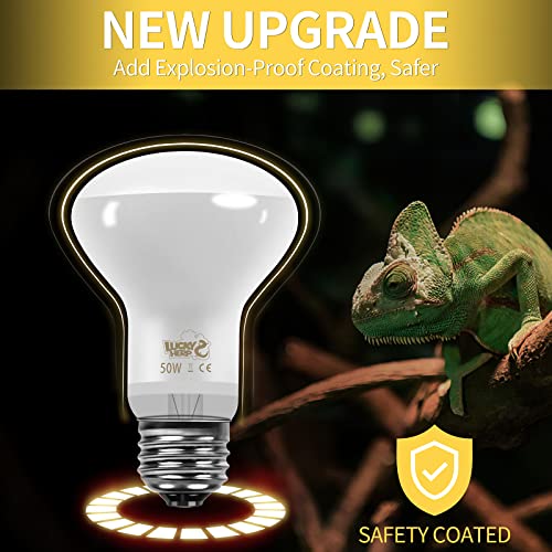 LUCKY HERP New Upgrade 50W Reptile Heat Lamp Bulb (3rd Gen, Safer), Amphibian Basking Spot Light Bulb, UVA Reptile Daylight Bulb for Turtle, Bearded Dragon, Lizard Heating Use (2 Pack) - size: 50