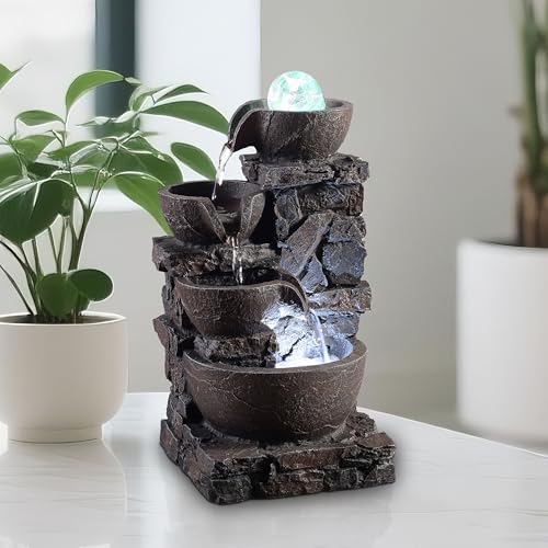 Indoor Tabletop Fountain with 4-Tier Stone Bowls, Rolling Crystal Ball & LED Lights – Tranquil Waterfall Decor for Home, Office or Zen Space (23066) - color: Black
