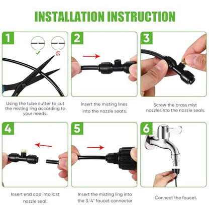 Yaocom 164 ft Misting Cooling System Misters for Outside Patio Backyard Mist Hose Kit for Garden 50 Brass Mister System 4 PE Antioxidant Adapters 3/4" for Garden Greenhouse Trampoline for Waterpark