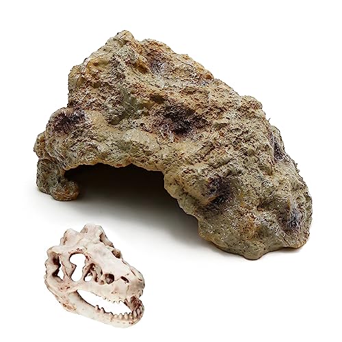 Anxingo Reptile Rock Reptile Cave Hideout for Snakes/Geckos/Lizards/Turtles and Other Amphibians, with Dinosaur Skull (Small) - size: S