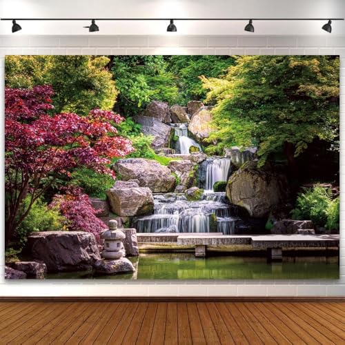12x8ft Nature Waterfall Backdrop Kyoto Garden Travel Scenery Photography Background Japan Garden Landscape Waterfall Red Maple Trees Nature View Room Decoration Supplies Travel Theme Photo Props - size: 12x8ft