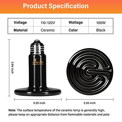 HealSmart Reptile Heat Lamp 100W 2-Pack Ceramic Heat Emitter, No Light Emitting Infrared Heat Bulbs for Amphibian Pet Brooder Coop Incubating Chicken, Lizard Bearded Dragon Turtle Snake Terrarium - size: 100 Watts, style: D-85mm (3.35") *2 Pcs