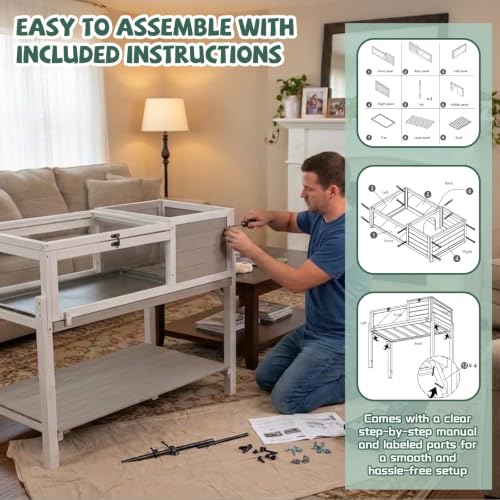 Large Tortoise Habitat with Adjustable Lamp Stand & Storage Shelf, Wooden Tortoise Enclosure with Viewing Window, Pull-Out Tray, 2-Room Reptile Turtle Enclosure House Indoor & Outdoor, Grey - size: 40.4"L x 23"W x 32"H