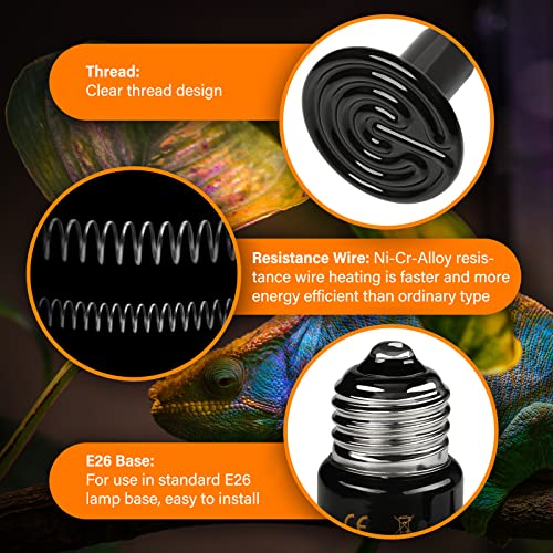 HealSmart Reptile Heat Lamp 100W 2-Pack Ceramic Heat Emitter, No Light Emitting Heat Bulbs for Amphibian Pet Brooder Coop Incubating Chicken, Lizard Bearded Dragon Turtle Snake Terrarium Black - size: 100W, style: 2 Pack