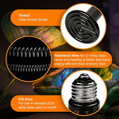HealSmart Reptile Heat Lamp 100W 2-Pack Ceramic Heat Emitter, No Light Emitting Heat Bulbs for Amphibian Pet Brooder Coop Incubating Chicken, Lizard Bearded Dragon Turtle Snake Terrarium Black - size: 100W, style: 2 Pack