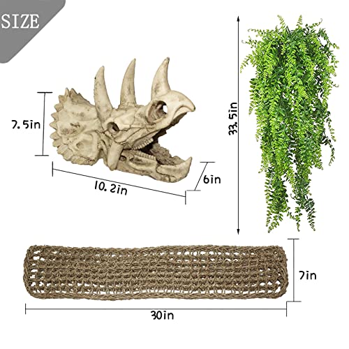 Tfwadmx Large Reptile Dinosaur Skull Decor, Bearded Dragon Tank Accessories, Lizard Hammock Hanging Plant Decor, Tank Decor for Bearded Dragons, Lizards, Chameleons, Geckos, Snakes(3Pcs)