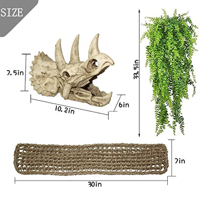 Tfwadmx Large Reptile Dinosaur Skull Decor, Bearded Dragon Tank Accessories, Lizard Hammock Hanging Plant Decor, Tank Decor for Bearded Dragons, Lizards, Chameleons, Geckos, Snakes(3Pcs)
