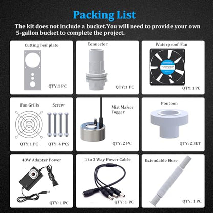 19L Large DIY Humidifier Kit for Plants & Mushrooms (2-Fogger, Double Mist) | Ideal for Grow Tent, Greenhouse, Terrarium | Turns a 5 Gallon Bucket into Cool Mist Humidifier, Extendable Hose, Long Runtime - size: 2-Fogger