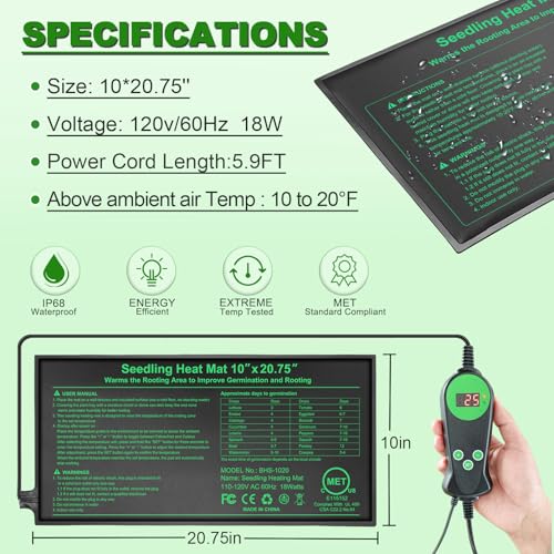 Bestio Seedling Heat Mat with Thermostat Combo Set,10 x 20.75in UL & MET-Certified Plant Heating Mat for Seed Starting,Hydroponic Plant,Heat Mat for Plants for Gardening,Greenhouse - size: Suits -1 Pack