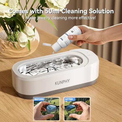 Jewelry Cleaner, 46KHZ, 12OZ Capacity, Ultrasonic Jewelry Cleaner with 50ml Solution, One-Touch Operation, Professional Ultrasonic Cleaner Idea for Silver, Gold Jewelry, Glasses, Rings, Diamond - color: White+SW001