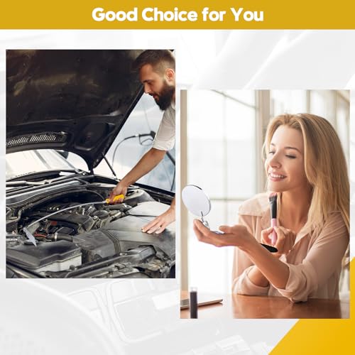 Telescoping & Bendable Inspection Mirror – Round & Square Heads, Black/Yellow | 360° Swivel Neck, Telescoping & Bendable Handles, Metal & Glass Build, for Dead Angles & Tight Spots - color: Yellow/Black