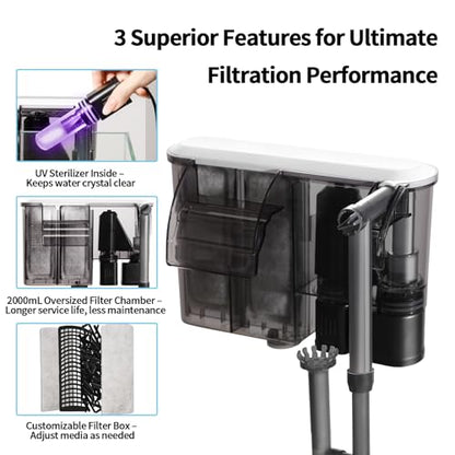 U3 HOB Aquarium Filter with UV Clarifier for 30-75 Gal Tanks | 2000mL media chamber, adjustable flow, extended intake, anti-overflow walls and quiet operation for green water control