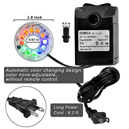 15W 220 GPH Submersible Fountain Pump with LED Light (800L/H), Ultra Quiet Adjustable Water Pump for Water Feature, Hydroponics, Garden, Pond, Aquariums, Fish Tanks, Indoor Outdoor Fountain