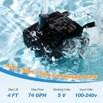 Automatic Small Sump Pump with Water Sensor, 4FT Lift, 74 GPH, 5V Mini Condensate Pump with 6 FT Tubing, Auto on/off Water Pump with Float Switch for Dehumidifier, HVAC and Other Small Spaces