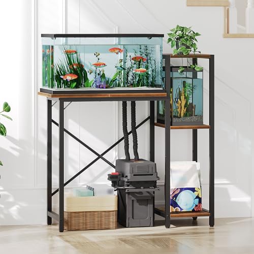 MAHANCRIS 5-10 Gallon Fish Tank Stand with 3-Tier Storage Shelf, Heavy Duty Aquarium Stand for Home Office, Metal Frame Turtle Reptile Terrarium Stand, 30.7"L x 12.6"W x 32.1"H, Rustic Brown FTHR5201 - color: Rustic Brown