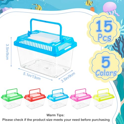 15 Pcs Small Plastic Reptile Carrier, Tarantula Enclosure Snake Breeding Box, Mini Fish Tank Portable, Beach Aquarium for Turtle Hermit Crab Spider Snake Bearded Lizard (5.1 x 3.5 x 3.5)