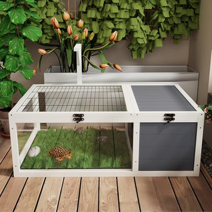 Reptile Habitat Tortoise House with Lamp Holder, 3 Acrylic Observation Windows, 2 Waterproof Trays, Lockable Top, Wooden Enclosure for Turtles, Lizards, Snakes, and Small Pets