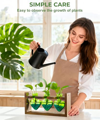 Nacome Plant Terrarium with Wooden Stand, 3 Heart Bulb Glass Vases | Wooden Stand Tabletop for Air Planter, Gifts for Mom Plant Lovers Mom Women Wife Grandma - color: Green