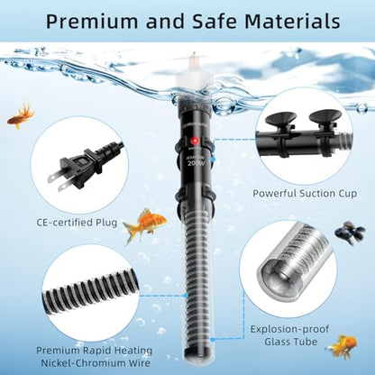 HiTauing Aquarium Heater 25W/50W/100W/200W/300W, Adjustable Knob Fish Tank Heater with Digital Thermometer, Submersible Betta/Turtle Tank Heater for Freshwater and Saltwater Tanks - size: 200W for 30-50 gallon