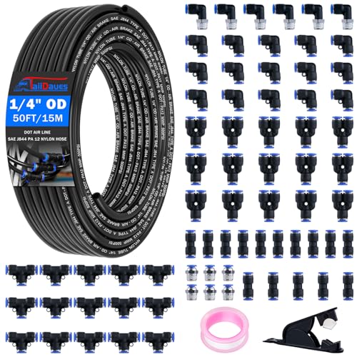1/4" Air Line Tubing Kit, 50 FT(15M) DOT Air Line PA Nylon Tubing with Push to Connect Fittings, 1/4 Inch OD Quick Connect Air Hose Kit for Compressor Accessories System (75 Pcs) - size: 75PCS & 50FT 1/4" Air Line
