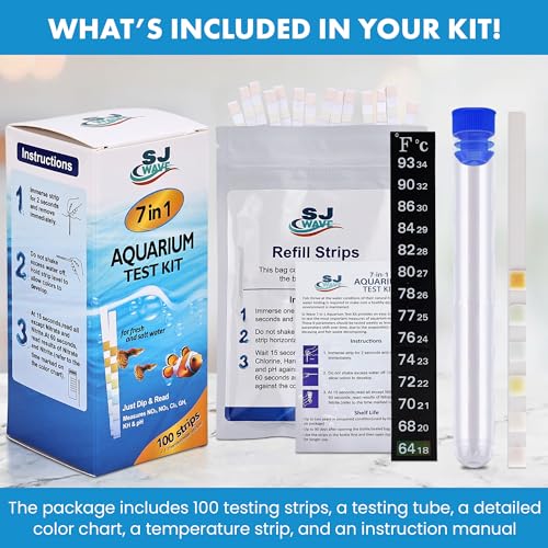 7 in 1 - Aquarium Test Strips | 100 Fast & Accurate Strips | Fish Tank Aquariums Water Test Kit & ebook | Aquarium Thermometer | Fish Tank Water Testing Kit for Fresh & Saltwater | Versatile Usage