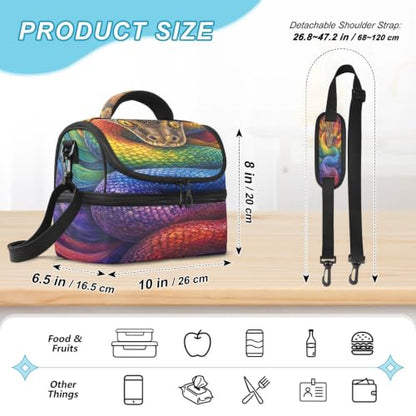 Emelivor Snake Rainbow Insulated Lunch Bag Tote Container for School | 8L Double Deck,Large Lunch Box with Shoulder Strap,Thermal Meal Prep Cooler,Suitable for School Work Picnic Office Travel